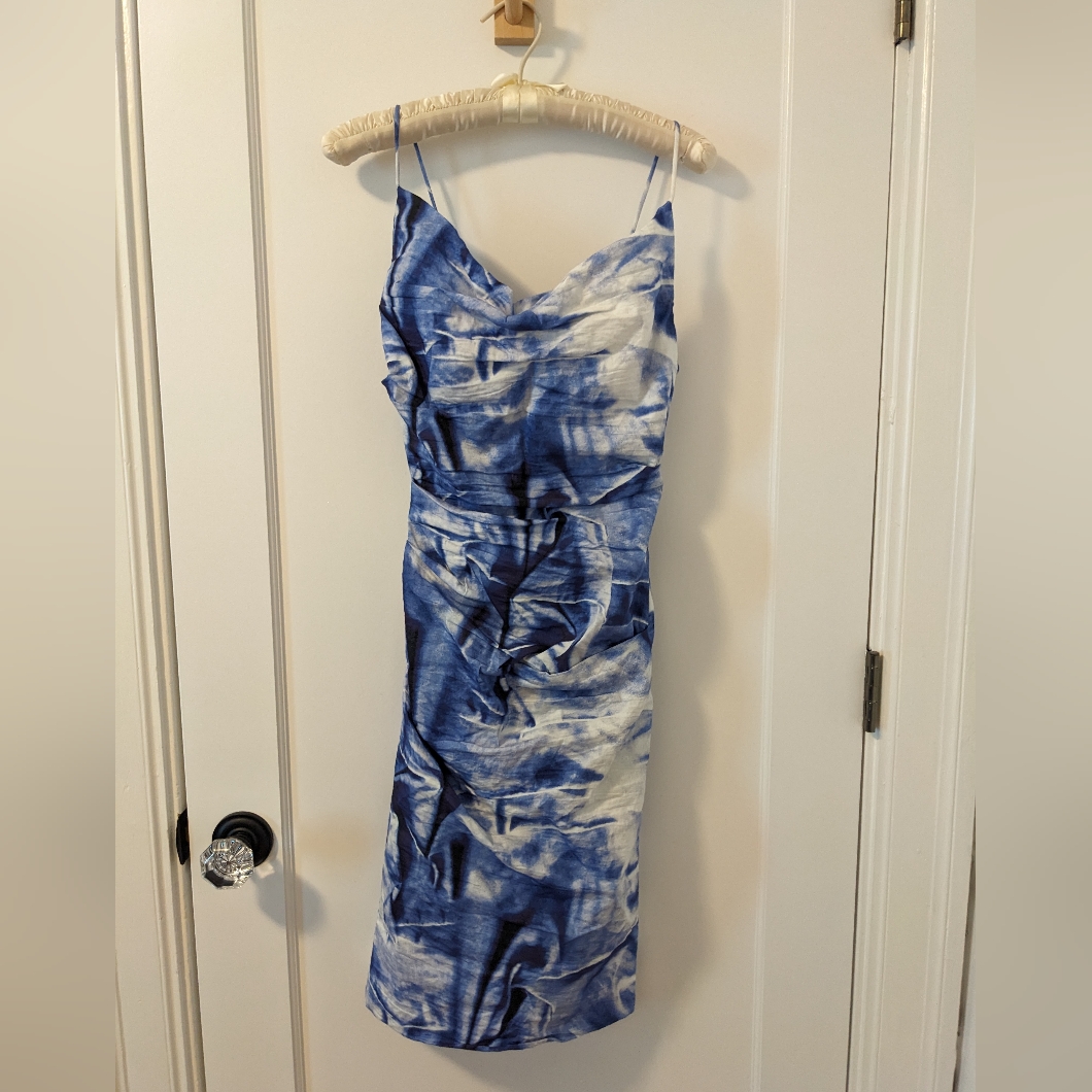 Nicole Miller Womens Blue Tie Die Carly Tuck Spag Strap Cowl Neck Sheath Dress 4